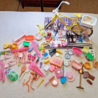 Vintage Lot 1970s Barbie Yellow Bicycle Rear Basket 1991 Calendar and Misc. item