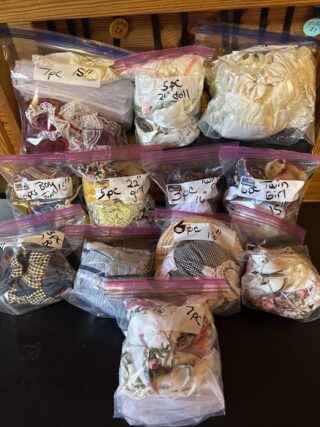 Lot Of 12 Sets Of Porcelain Doll Outfits and Accessories 60 Total Items