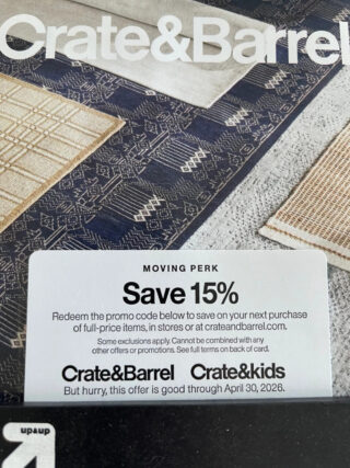 Crate & Barrel 15% Off Coupon In Store & Online Full Priced Items EXP 6/30/2026