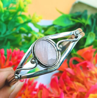 Gift Mom Rose Quartz Gemstone 1Pcs 925 Silver Plated Boho Cuff Bangle Jewelry ~