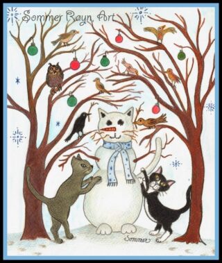Christmas Snowman Kitty, Cats building a snow cat, Holiday NoteCard, Item #0102